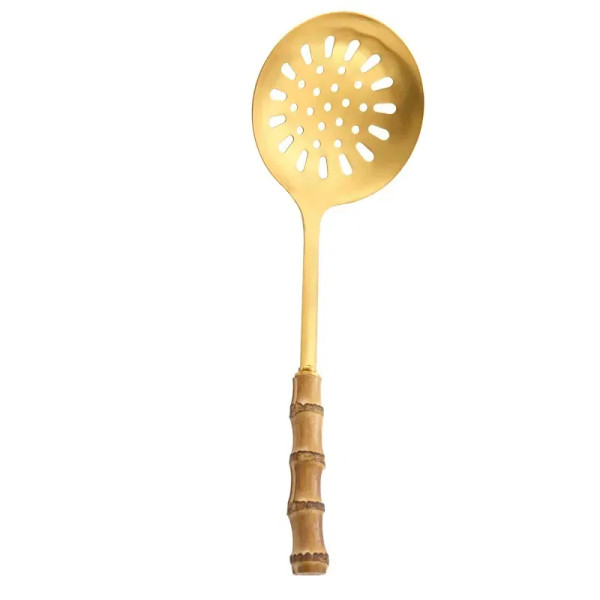 Ivory - Natural Bamboo Handle Stainless Steel Frying Shovel Japanese-Style Soup Spoon Creative New Colander Shovel Kitchen Utensils Set By WTB