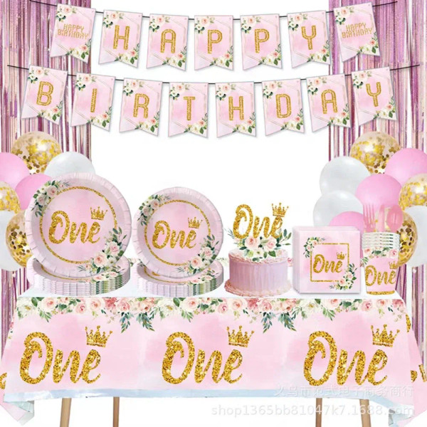 White - Girls One First Happy Birthday Disposable Tableware Pink Plate Napkins Cup Hat For Baby Shower 1 Year Old Birthday Party Deco By WTB