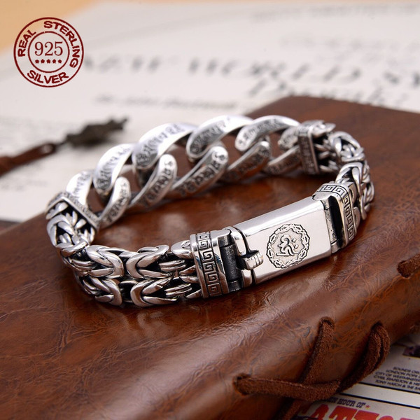 Metal Light Yellow Gold Color, Gem Red, Ships From: China, Length: 23Cm - S925 Sterling Silver Personalized Men And Women Bracelets Six-Character Peace Pattern Cuban Chain Jewelry Exquisite Gift By WTB