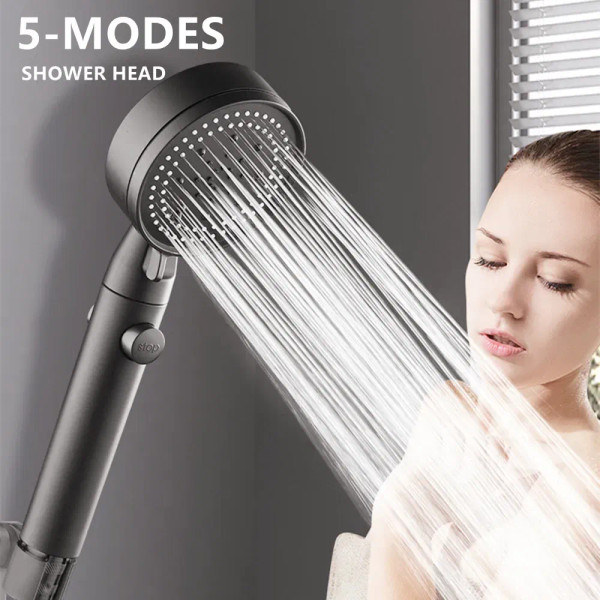 White - High Pressure Shower Head 5 Modes Adjustable Showerheads With Hose Water Saving One-Key Stop Spray Nozzle Bathroom Accessories By WTB