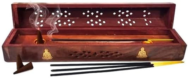 Nivi Wooden Incense Box Agarbati Holder Wooden Hand Carved Incense Burner Incense Holder Brass Inlays Storage Incense Holder Stand Incense Stick Stand Handmade 12X2 5X3 Inch Buddha Aliz Pla 603787000029 Buddha