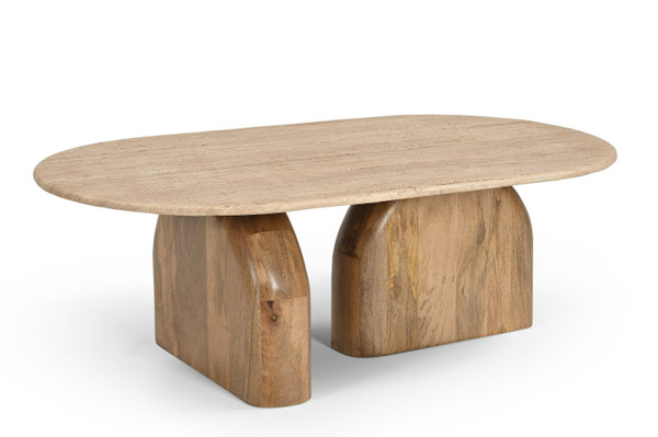 Modrest Kellison Modern Travertine Marble Wood Oval Coffee Table By Vig Vgbr Sba 4807