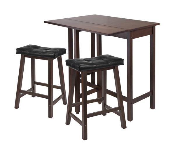 Lynnwood 3 Piece Drop Leaf Table With Cushion Saddle Seat Counter Stools Walnut And Black 40797 By Winsome Wood