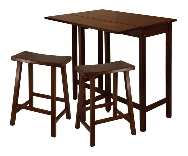 Lynnwood 3 Piece Drop Leaf Table With Saddle Seat Counter Stools Walnut 40674 By Winsome Wood