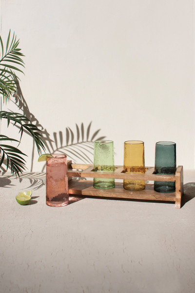 Four Cocktail Glasses With Wooden Tray One Each Color Ngle1011 By Kalalou