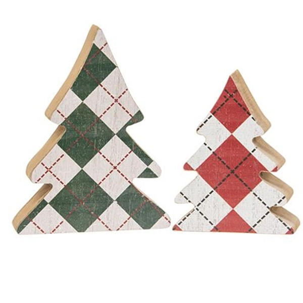 Cwi Gifts G35720 Distressed Wooden Plaid Christmas Trees Set Of 2