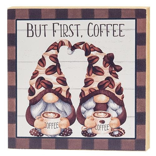 Cwi Gifts G08813 But First Coffee Gnome Square Wooden Block