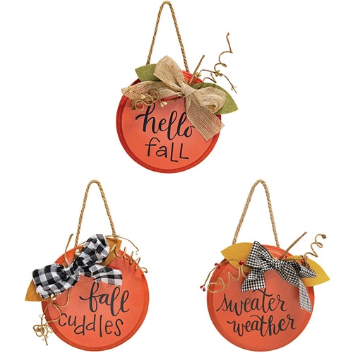Cwi Gifts G36705 Sweater Weather Round Hanging Sign With Burlap Bow 3 Assorted Pack Of 3