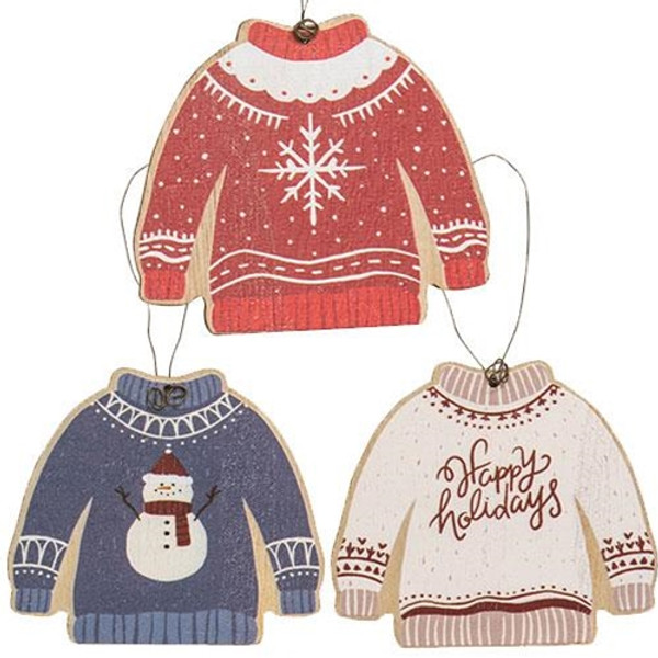 Cwi Gifts G36788 Happy Holidays Wooden Sweater Ornament 3 Assorted Pack Of 3