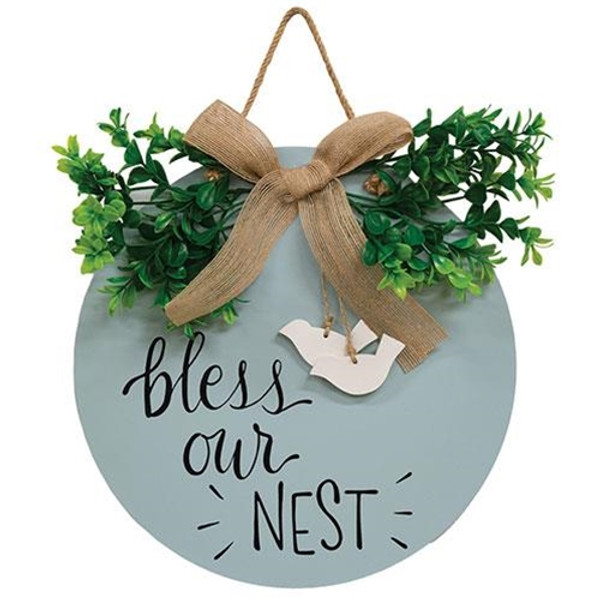 Cwi Gifts G36945 Bless Our Nest Round Sign With Greenery Burlap Bow