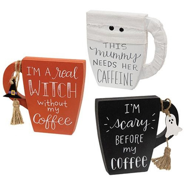 Cwi Gifts G37471 Wooden Halloween Mug Sitter 3 Assorted Pack Of 3