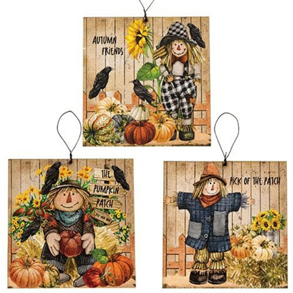 Cwi Gifts Gfp012 Scarecrow Friends Square Ornament 3 Assorted Pack Of 3