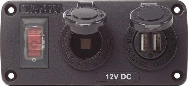 Blue Sea Water Resistant 12V 15A Circuit Accessory Panel With 12V Socket And Dual Usb Bss4363