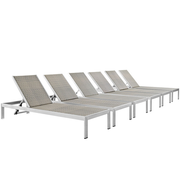 Shore Outdoor Patio Aluminum Chaise Set Of 6 Silver Gray Eei 2479 Slv Gry Set By Modway Furniture