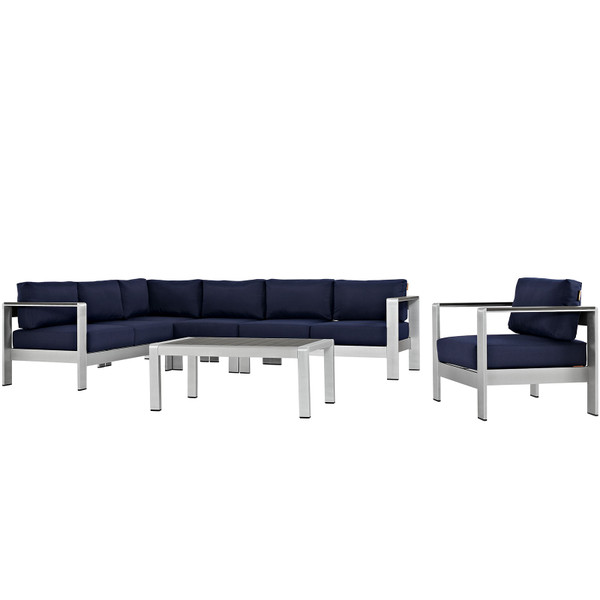 Shore 6 Piece Outdoor Patio Sectional Sofa Set Silver Navy Eei 2558 Slv Nav By Modway Furniture