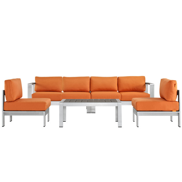 Shore 5 Piece Outdoor Patio Aluminum Sectional Sofa Set Silver Orange Eei 2564 Slv Ora By Modway Furniture