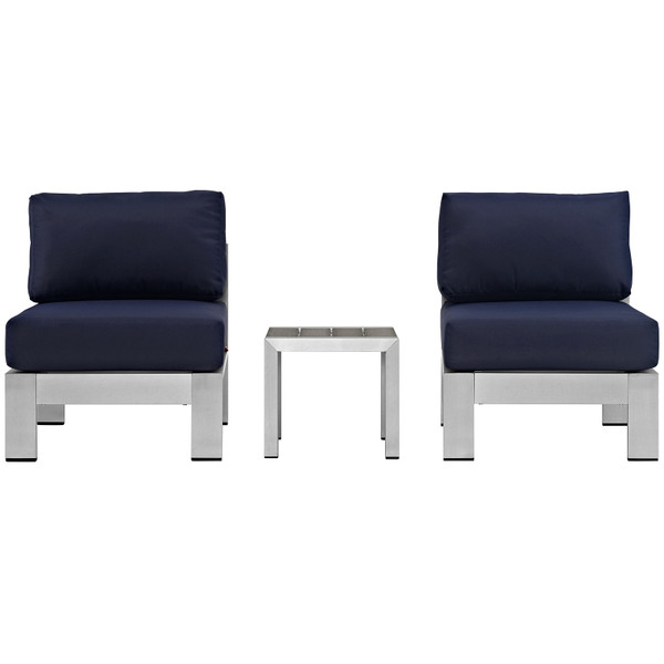 Shore 3 Piece Outdoor Patio Aluminum Sectional Sofa Set Silver Navy Eei 2598 Slv Nav By Modway Furniture