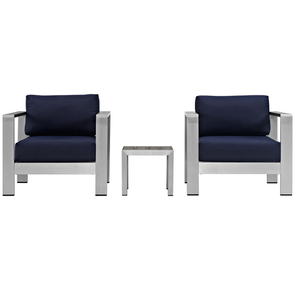 Shore 3 Piece Outdoor Patio Aluminum Sectional Sofa Set Silver Navy Eei 2599 Slv Nav By Modway Furniture