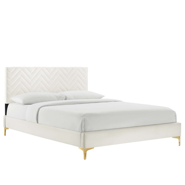 Modway Leah Chevron Tufted Performance Velvet Twin Platform Bed White Mod 6981 Whi