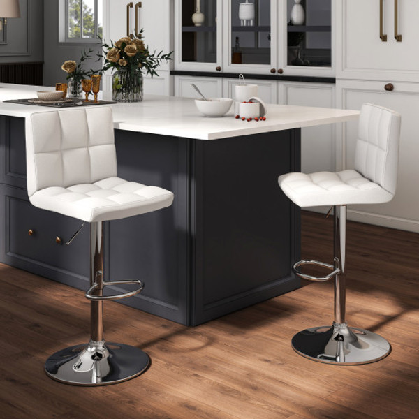 Set Of 2 Square Swivel Adjustable Pu Leather Bar Stools With Back And Footrest White Hw66492Wh 2 By Cw