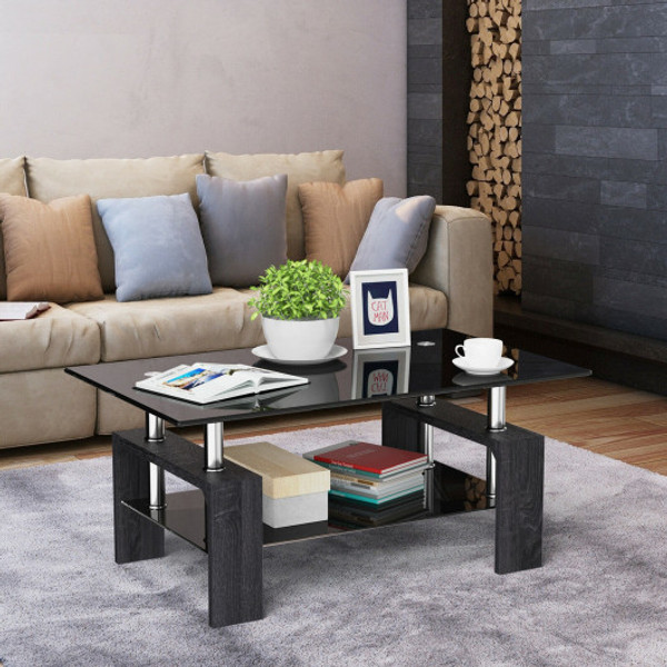 Rectangular Tempered Glass Coffee Table With Shelf Gray Hw67545Db By Cw