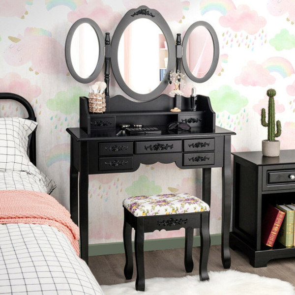 7 Drawer Tri Folding Mirror Dressing Vanity Makeup Set Black Hw66131Bk By Cw