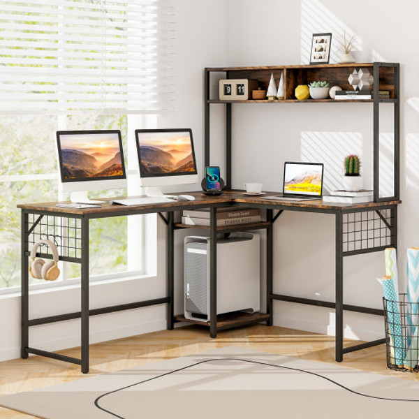 L Shaped Desk With Power Outlet Hutch Rustic Brown Cb10537Us Cf By Cw