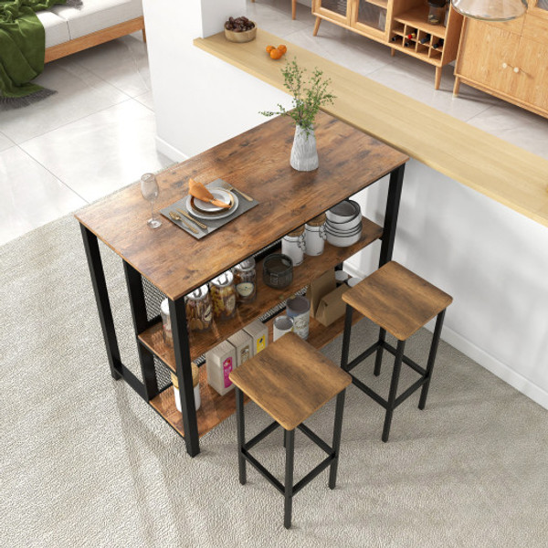 36 Inch 3 Tier Bar Table With Storage Metal Frame Adjustable Foot Pads For Dining Room Rustic Brown Jv11169Cf By Cw