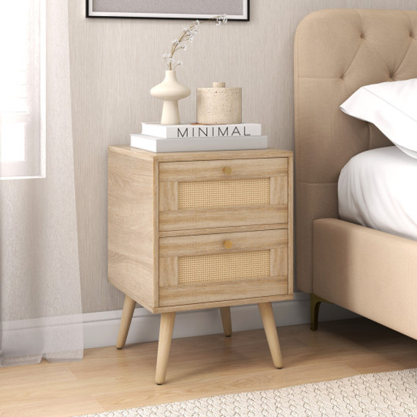 Rattan Nightstand Boho Accent Bedside Table With 2 Storage Drawers Natural Hu10574Oa 1 By Cw