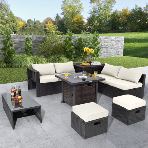 9 Pieces Patio Furniture Set With 32 Fire Pit Table And 50000 Btu Square Propane Fire Pit White Np10618Cf Hw68605Wh By Cw