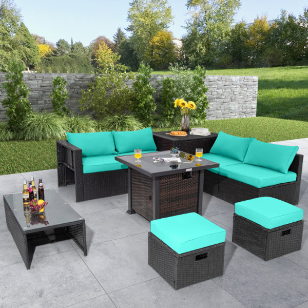 9 Pieces Patio Furniture Set With 32 Fire Pit Table And 50000 Btu Square Propane Fire Pit Turquoise Np10618Cf Hw68605Tu By Cw