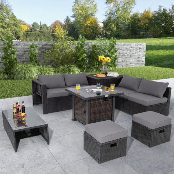 9 Pieces Patio Furniture Set With 32 Fire Pit Table And 50000 Btu Square Propane Fire Pit Gray Np10618Cf Hw68605Gr By Cw