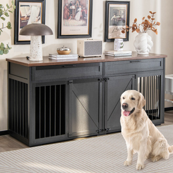Double Dog Crate Furniture Large Breed Wood Dog Kennel With Room Divider Black Pu10023Dk By Cw