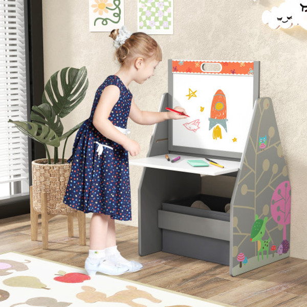 3 In 1 Kids Easel And Play Station Convertible With Chair And Storage Bins Gray Tp10174Gr By Cw
