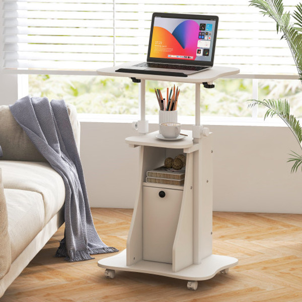 Adjustable Mobile Standing Desk Cart With Tilt Desktop And Cabinet White Cb10371Wh By Cw