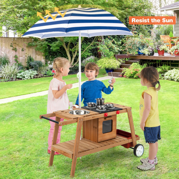 Wooden Play Cart With Sun Proof Umbrella For Toddlers Over 3 Years Old Blue Tp10105Bl By Cw