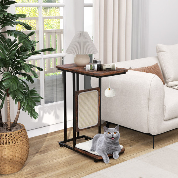 C Shaped Cat Side Table Cat Tree With Scratching Board Rustic Brown Pv10131Cf By Cw