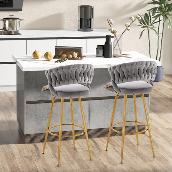 29 Inch Velvet Bar Stool Set Of 2 With Woven Backrest And Gold Metal Legs Gray Jv11440Gr 2 By Cw