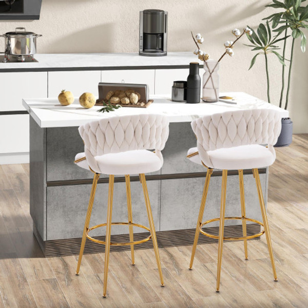 29 Inch Velvet Bar Stool Set Of 2 With Woven Backrest And Gold Metal Legs Beige Jv11440Wh 2 By Cw