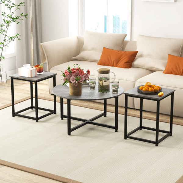 3 Piece Coffee Table Set Round Coffee Table And 2Pcs Square End Tables Gray Jv11013Gr By Cw