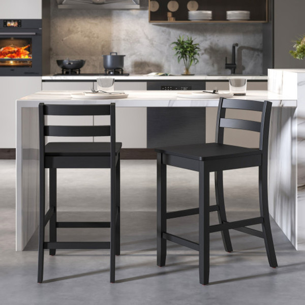 Wooden Bar Stools Set Of 2 With Ergonomic Backrest And Footrest Black Jv11571Dk By Cw