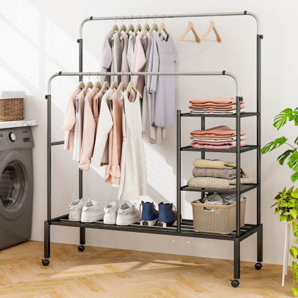 Rolling Double Rods Garment Rack With Height Adjustable Hanging Bars Silver Jz10244Sl By Cw