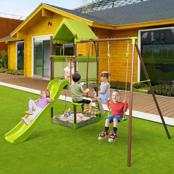 7 In 1 Kids Outdoor Metal Playset With Wave Slide And Climbing Rope Green Np11650Gn By Cw