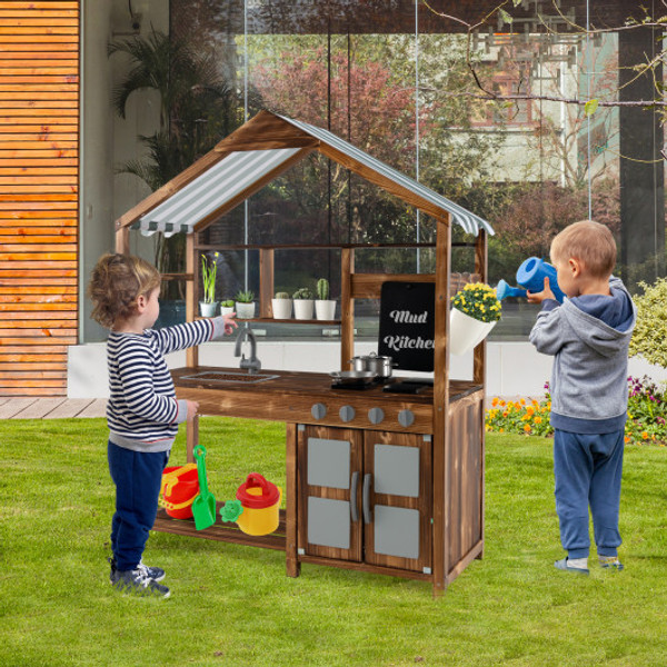 Kid S Mud Kitchen Outdoor Solid Wood Mud Kitchen With Canopy Natural Ty347734Na By Cw