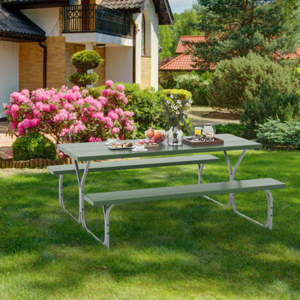 6 Ft Picnic Table Bench Set Dining Table And 2 Benches With Metal Frame And Hdpe Tabletop Green Np11266Ls By Cw