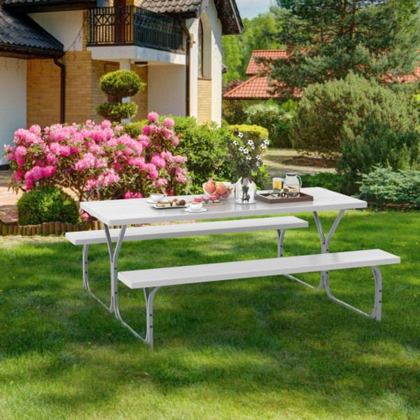 6 Ft Picnic Table Bench Set Dining Table And 2 Benches With Metal Frame And Hdpe Tabletop White Np11266Wh By Cw