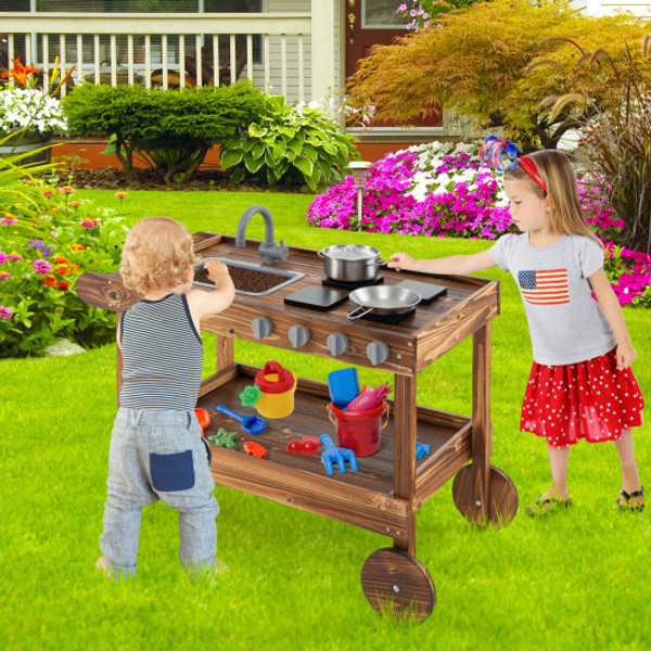 Outdoor Movable Mud Kitchen With 2 Rolling Wheels And 1 Push Handle Natural Ty347733Na By Cw