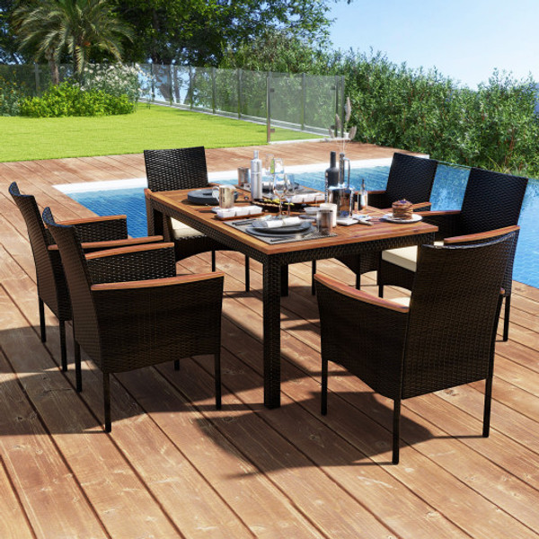 7 Pieces Rattan Patio Dining Set With Stackable Chairs And Umbrella Hole Hw71505Bn By Cw