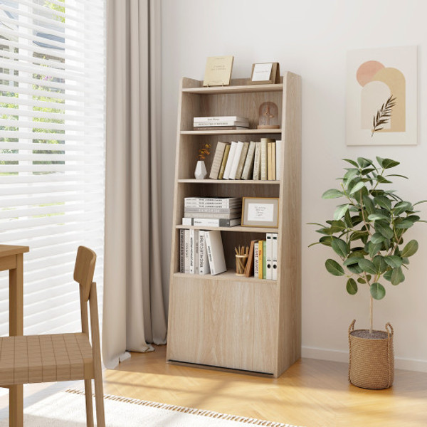 6 Tier Bookcase Freestanding Ladder Bookshelf With 2 Adjustable Shelves And Flip Up Door Natural Jv11686Cf By Cw