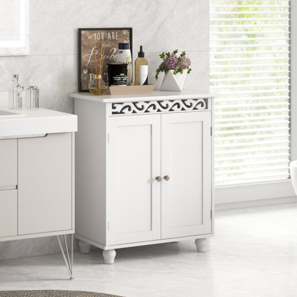 Freestanding Bathroom Cabinet Floor Storage Organizer With Adjustable Shelf And Solid Wood Legs White Jv10887Wh By Cw
